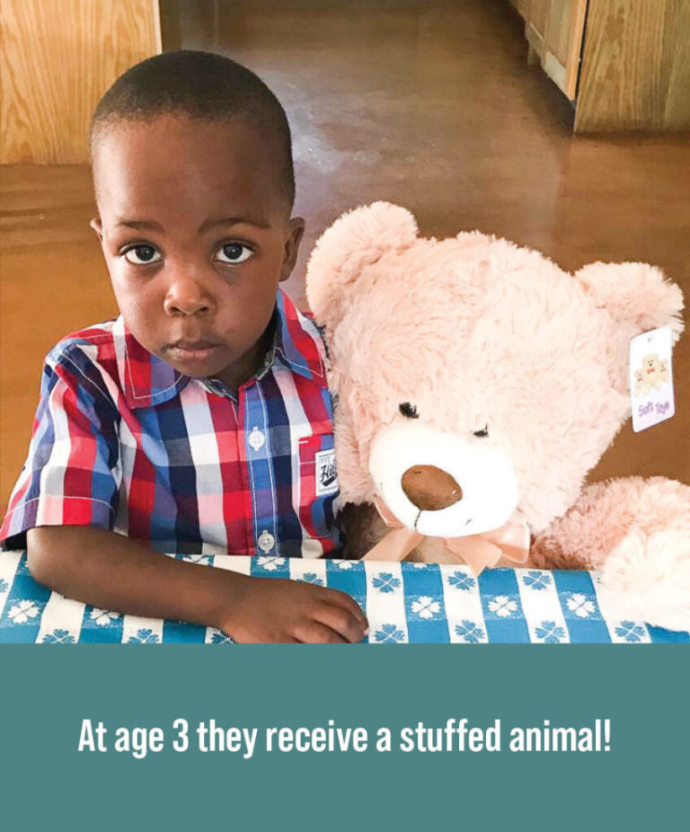 Child getting a stuffed animal for their birthday.